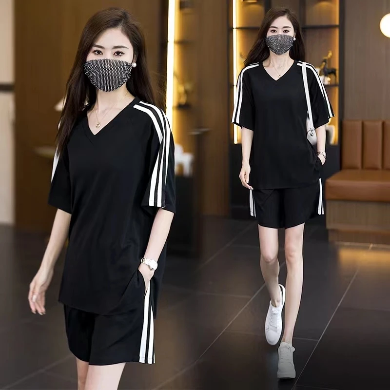 条纹V领短袖T恤短裤套装女2024年夏季新款宽松时尚减龄两件套