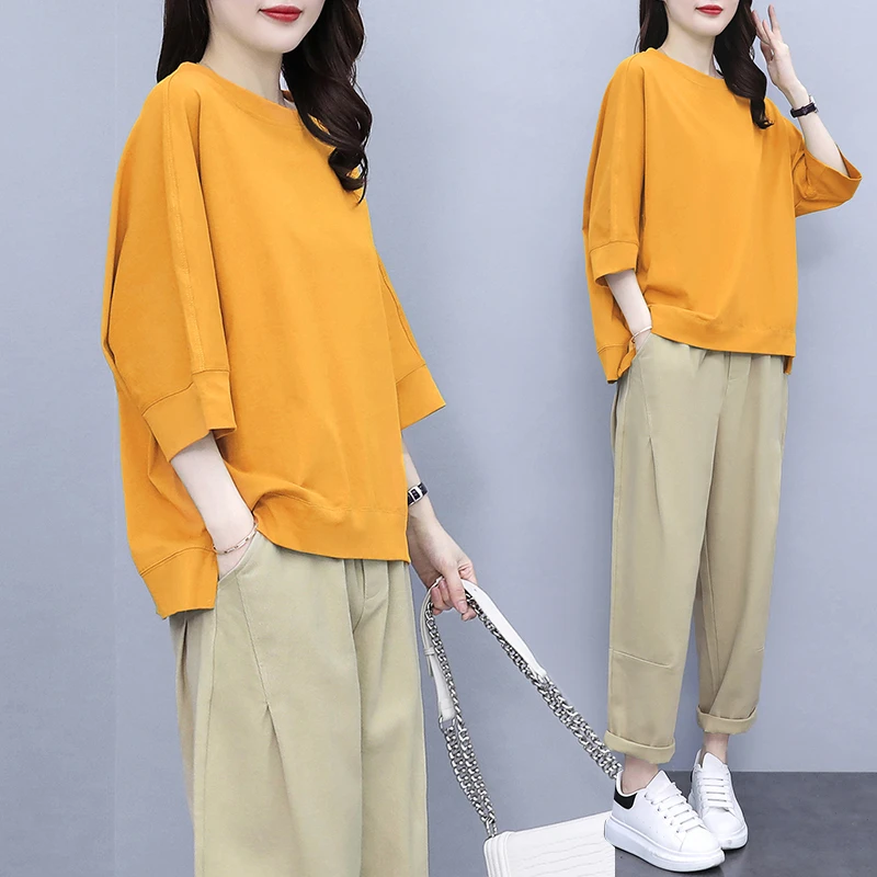 五分袖宽松两件套2023春夏新款纯色显瘦减龄半袖短袖T恤套装女