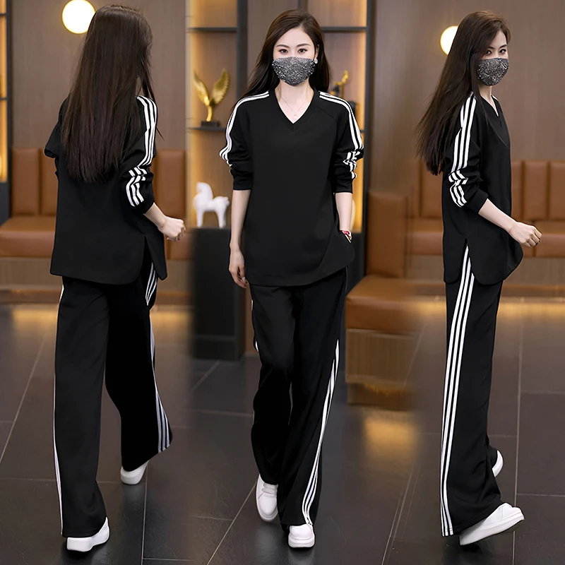 大码条纹V领长袖阔腿裤套装女2025年秋季新款时尚休闲运动两件套