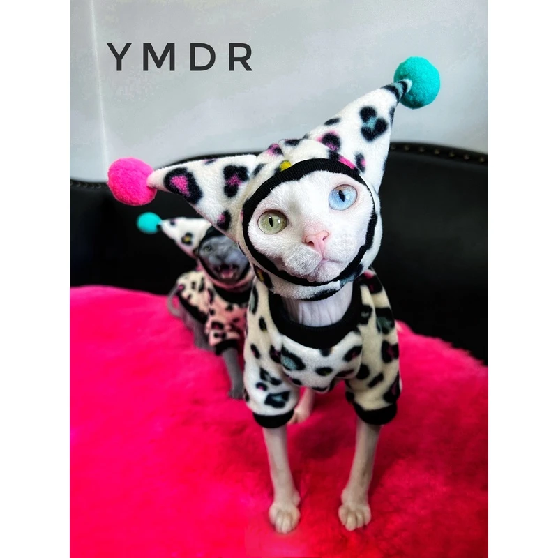 YMDR斯芬克斯无毛猫德文猫网红款豹纹保暖摇粒绒护耳防晒帽06