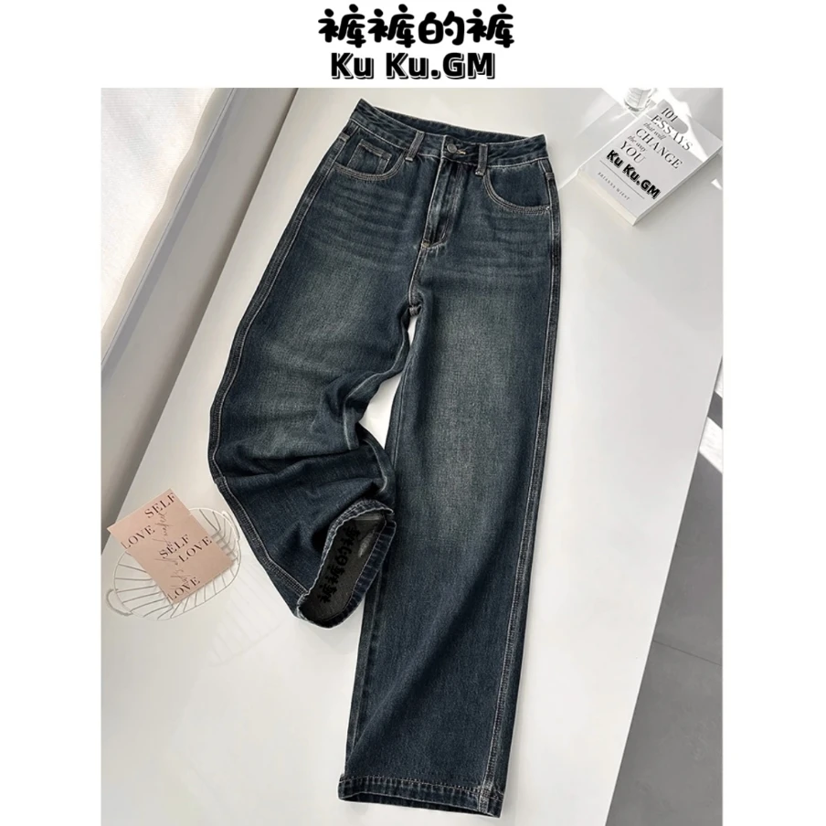 爆款牛仔裤阔腿裤女秋冬2025新款高腰复古小个子九分直筒裤加绒