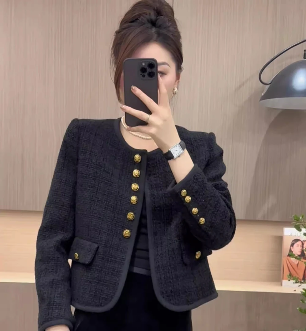 小个子黑色小香风外套女短款2023秋新款法式名媛粗花呢单排扣上衣