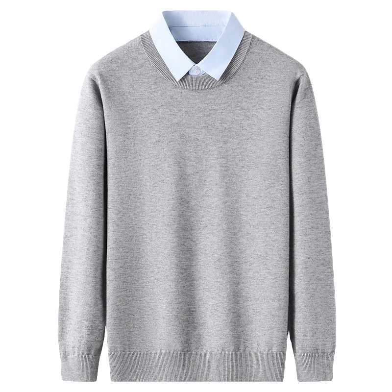 新款假两件毛衣男士秋冬韩版潮流纯色百搭衬衫领针织打底衫