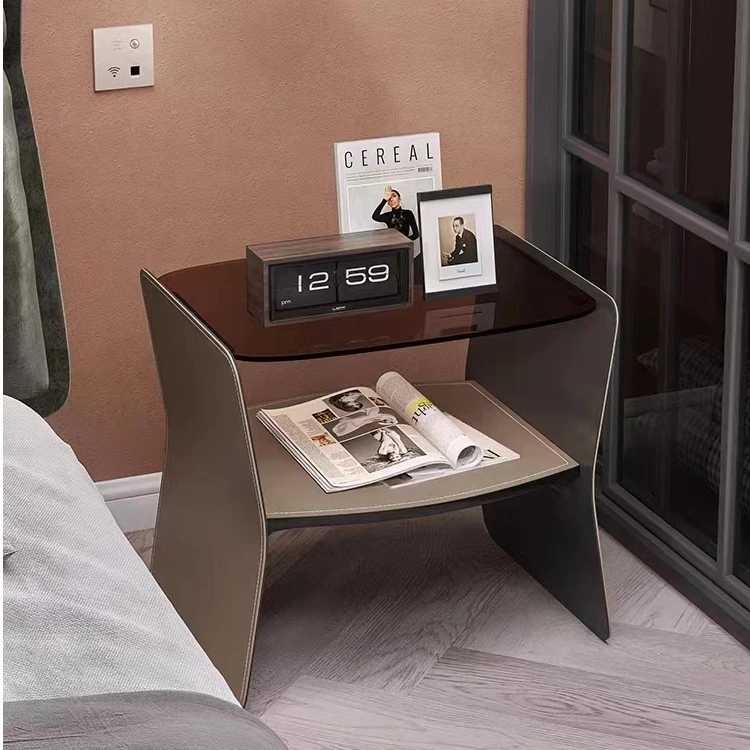 意式极简床头柜马鞍皮玻璃不锈钢创意设计师镂空悬空卧室床边柜子