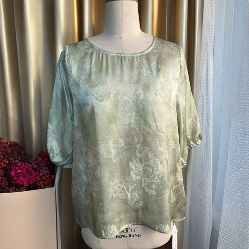 【060】100%桑蚕丝缎面提花时尚宽松衬衫上衣5003-H15