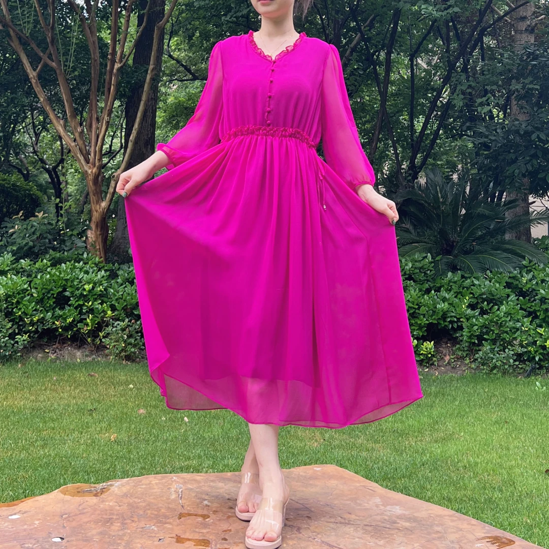 【编号87】115裙长100桑蚕丝荷叶领包扣纯色气质感连衣裙8210梅紫色