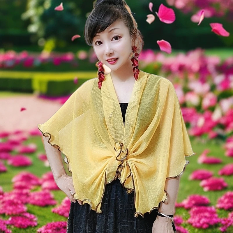 木耳边金丝线弹力网纱纯色黄色防晒披肩夏季丝巾春夏时尚薄款百搭