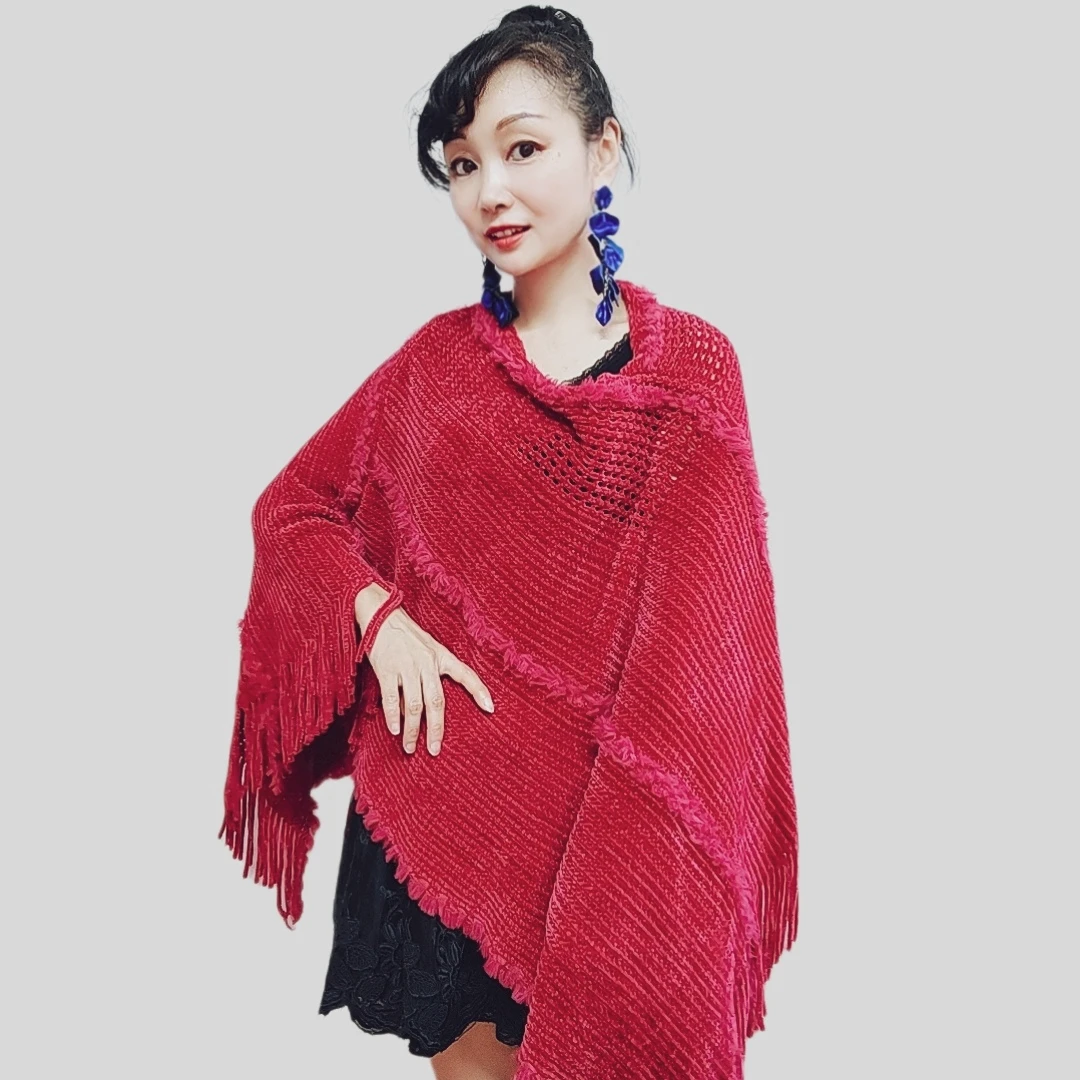 时尚显瘦针织丝绒线流苏斗篷套头披肩