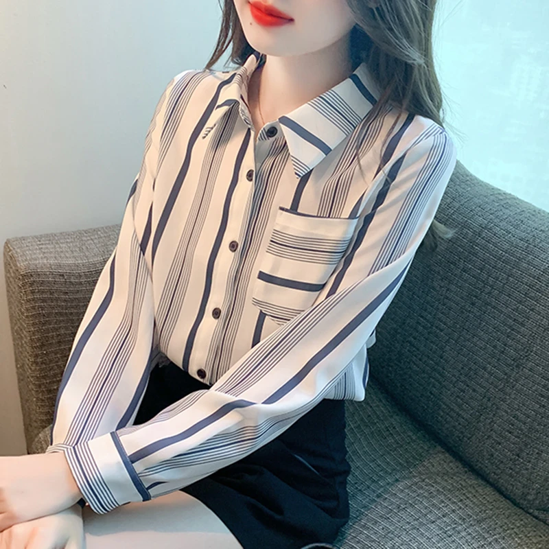 实拍 春季洋气气质翻领条纹衬衫设计感百搭衬衣通勤简约上衣