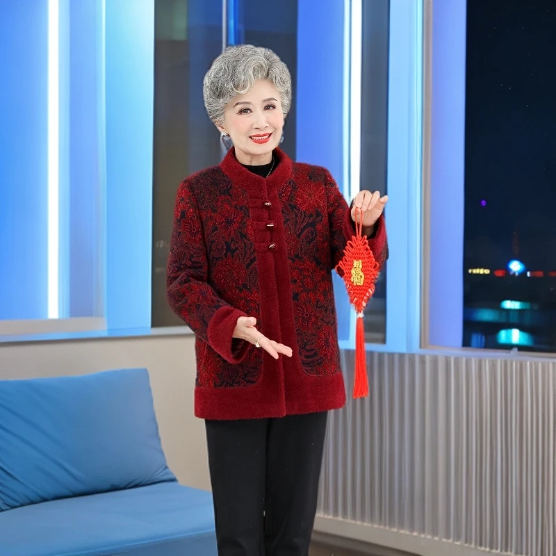 新款奶奶装妈妈装国风中式加绒外套冬季水貂绒加棉上衣