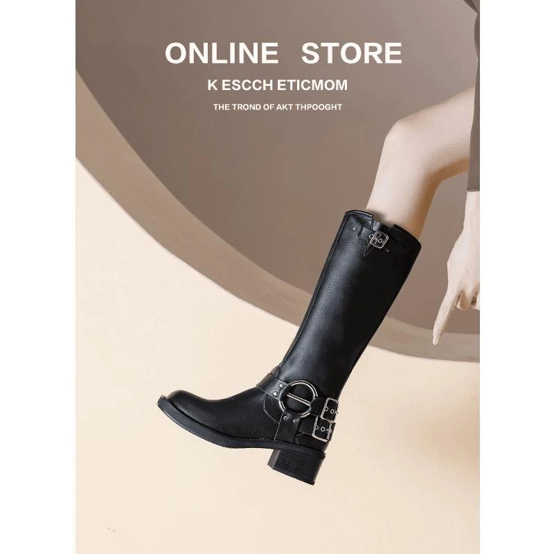 大婉酱微胖 2024夏秋皮带扣粗跟马丁靴不过膝长靴41-43码
