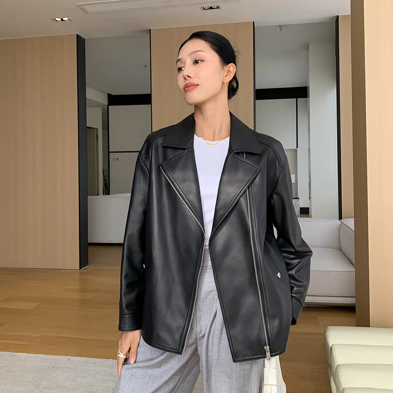 2024秋季新款海宁绵羊皮休闲皮衣女外套短款机车服皮夹克翻领2322