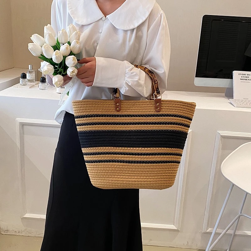 竹塑气质女神手工编织条纹洋气手拎包百搭沙滩编织包夏季休闲时尚