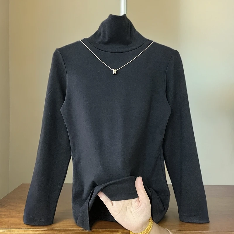 秋冬堆堆领德绒加绒打底衫女修身长袖保暖内搭上衣时尚百搭