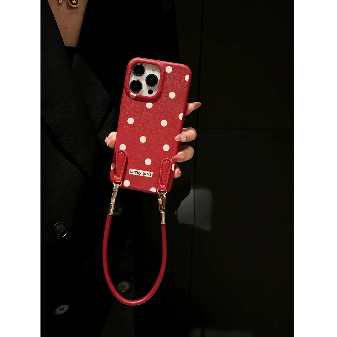 KEWU秋冬ins酒红满屏波点适用iPhone16/15皮纹苹果华为p70手机壳