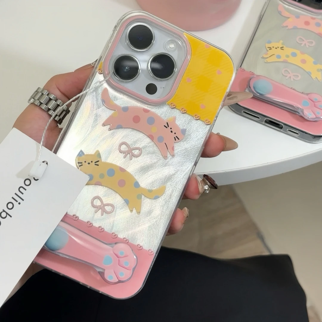 快乐小猫支架iphone15/14/13手机壳华为p70/vivos19/小米oppo女款