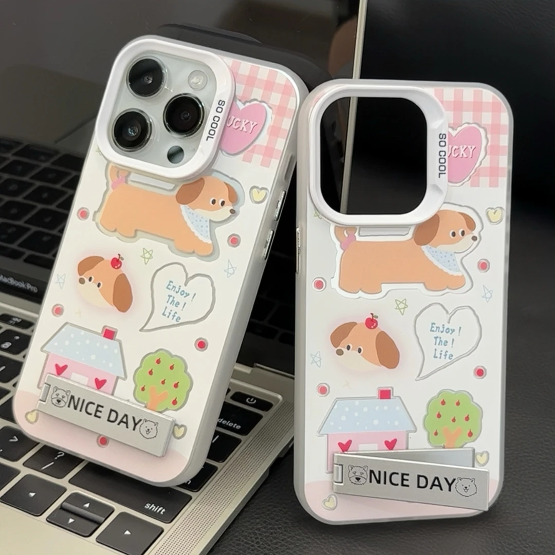 可爱粉格小狗支架iphone15手机壳苹果14Pro华为p70vivo小米oppo套