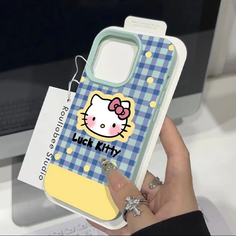 KEWU黄边格子KT猫适用苹果15promaxiPhone16手机壳14/13荔枝纹12