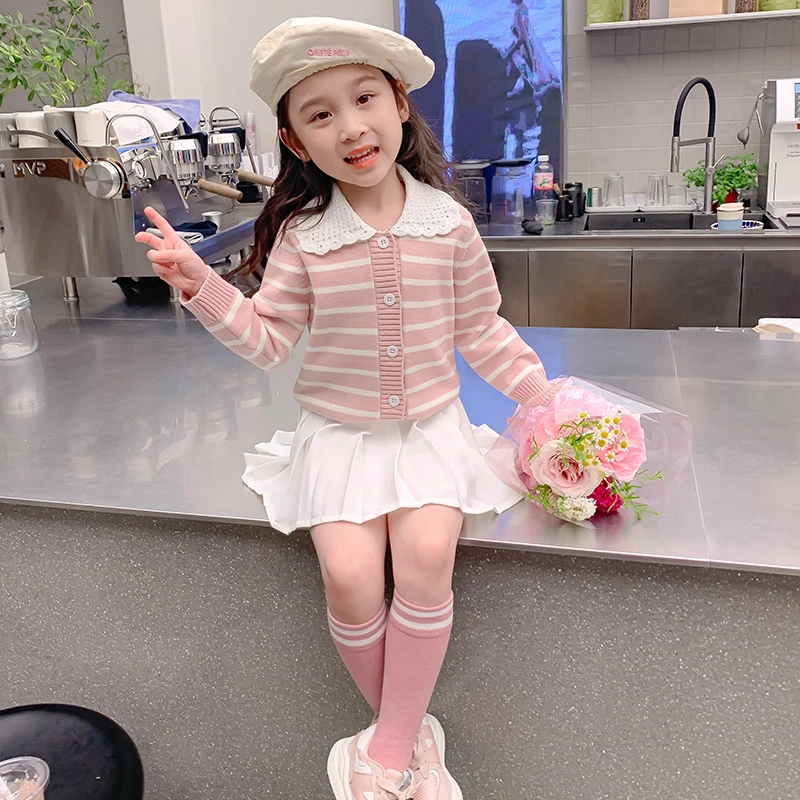 【直播专享】秋季加绒女童条纹翻领针织开衫女宝宝毛衣外套K2329