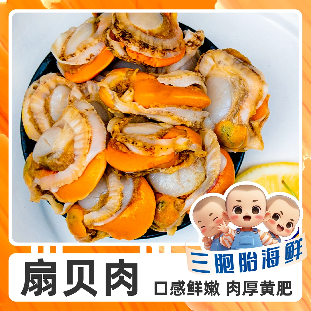 【顺丰发货】②新鲜扇贝肉去壳无沙中号带黄带膏扇贝肉 120g/包*10包