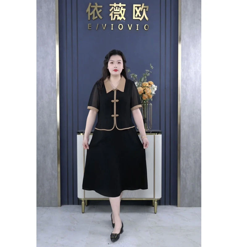 依薇欧大码女装气质显瘦轻奢盘扣假两件连衣裙时尚休闲裙子ZB5297