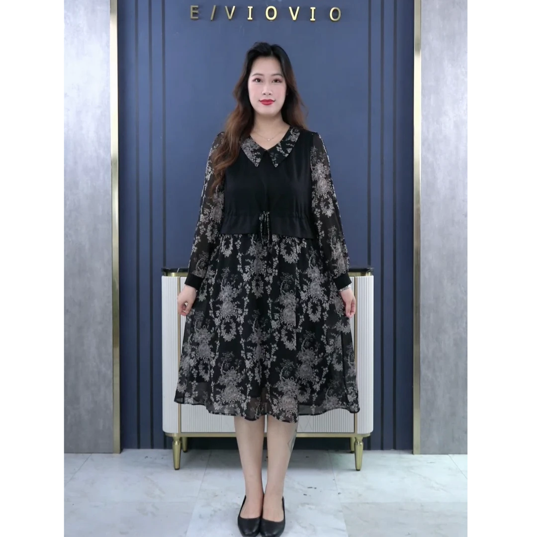 依薇欧大码女装翻领碎花拼接连衣裙质量宽松遮肉假两件裙子ZB6120