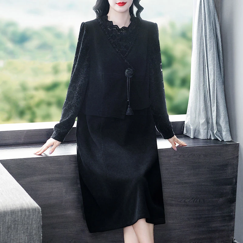 大码女装假两件蕾丝连衣裙2024秋季新款阔太太气质宽松裙子241038