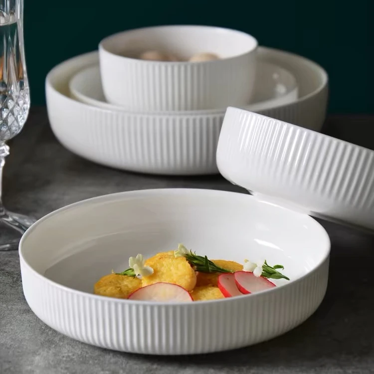 4只8.25英寸竖纹窝边浮雕盘子家用颜值陶瓷餐具菜盘饭盘陶瓷盘子