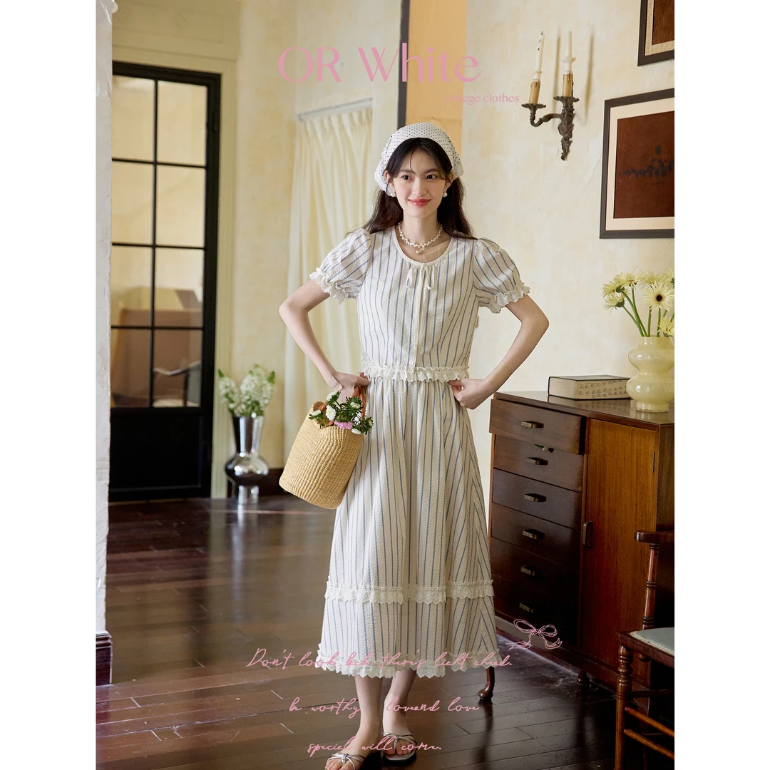 ORWhite 复古肌理感条纹上衣半身裙时尚裙装夏季显瘦女