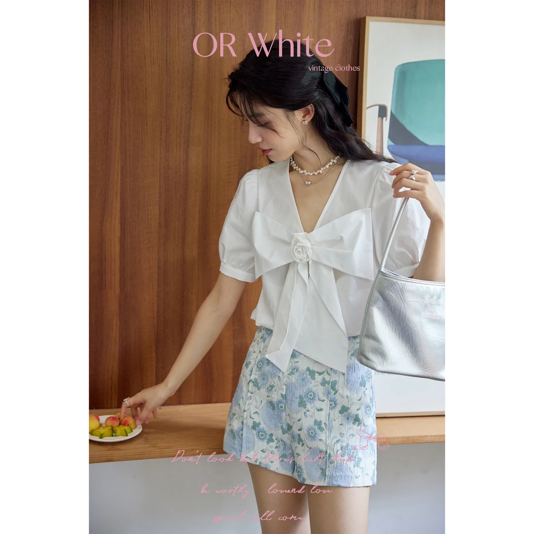 ORWhite 法式复古v领玫瑰花蝴蝶结白色衬衫泡泡袖短袖显瘦上衣