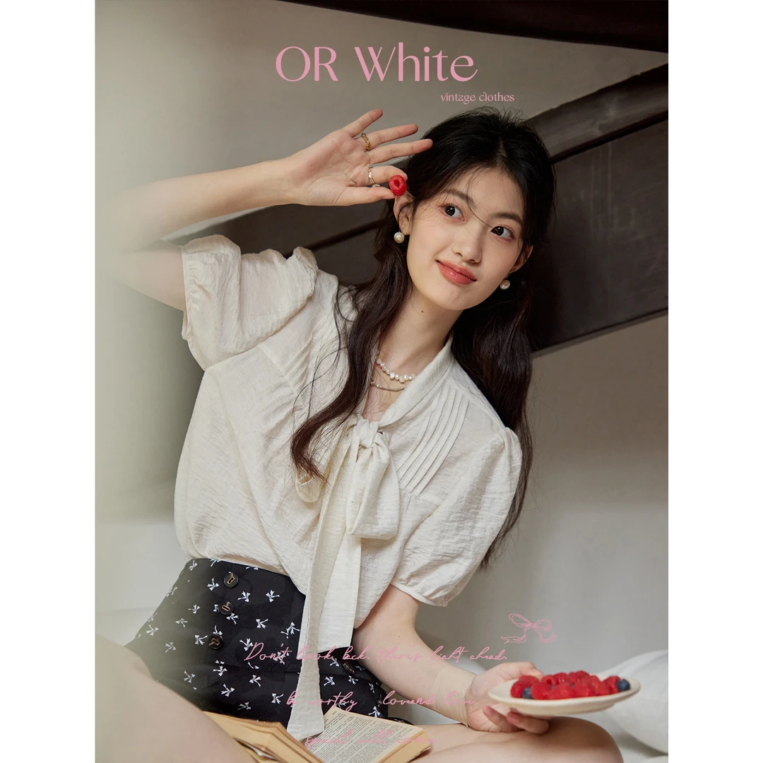 ORWhite 混麻v领白色法式复古衬衫蝴蝶结系带短袖上衣女夏季