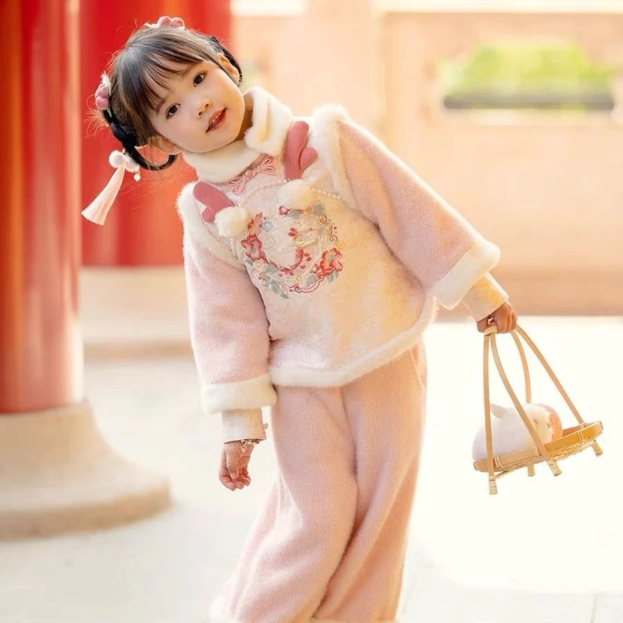 巴拉拉吧女童冬装套装加绒加厚2024宝宝汉服中国风唐装旗袍裤子新