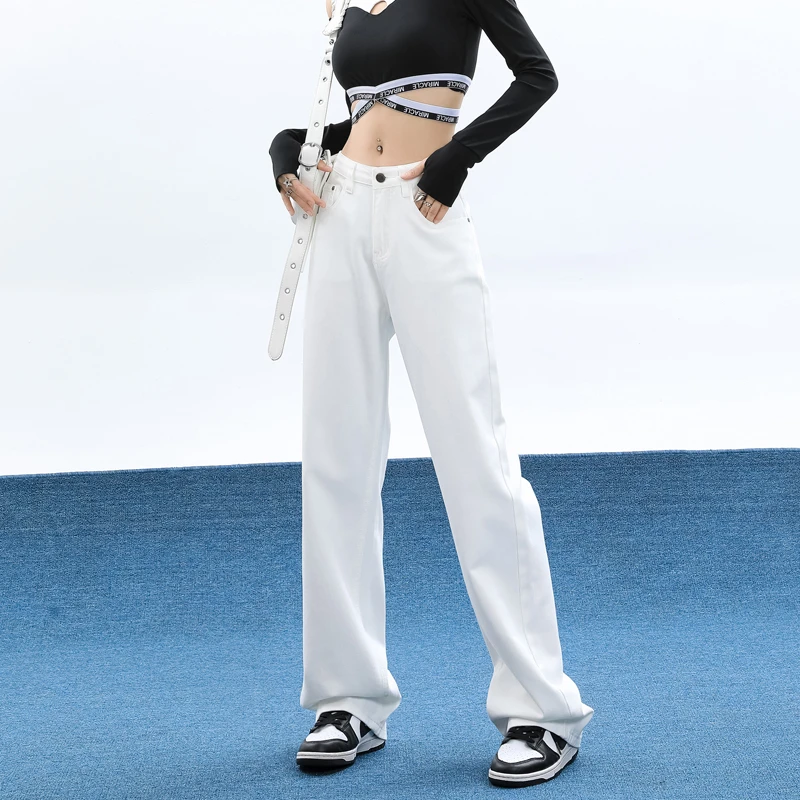 131白色垂感牛仔裤女宽松直筒高腰显瘦百搭牛仔裤宽松阔腿裤