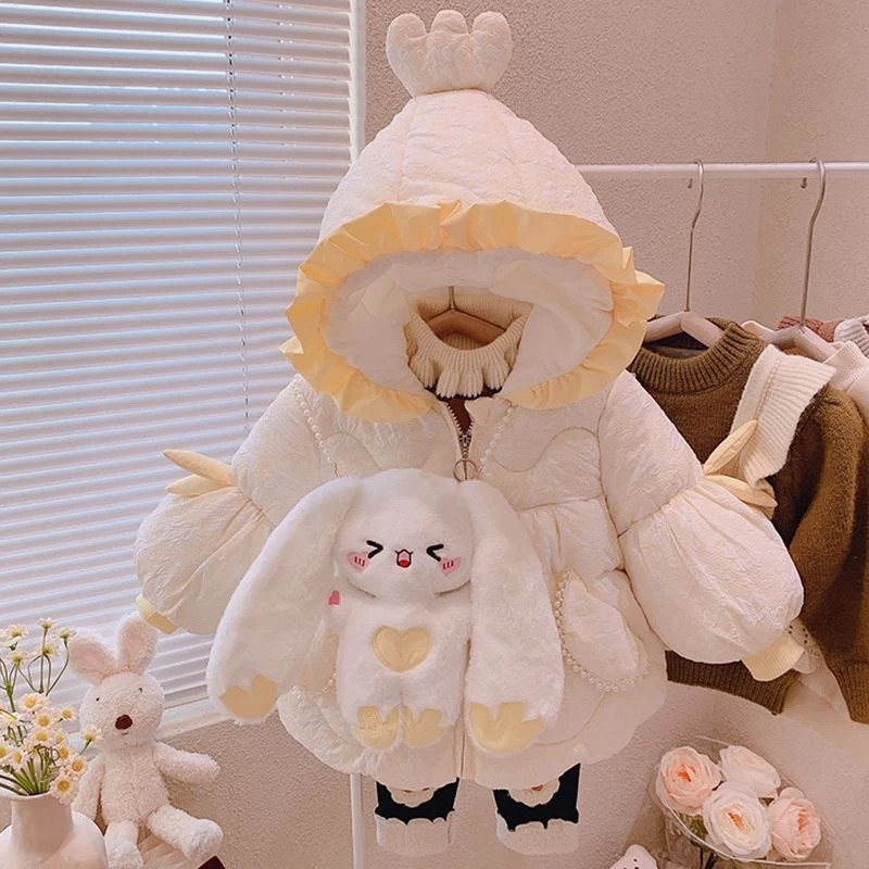 女童棉服2023冬季新款洋气女宝宝夹棉加厚外套连帽小香风中长款潮