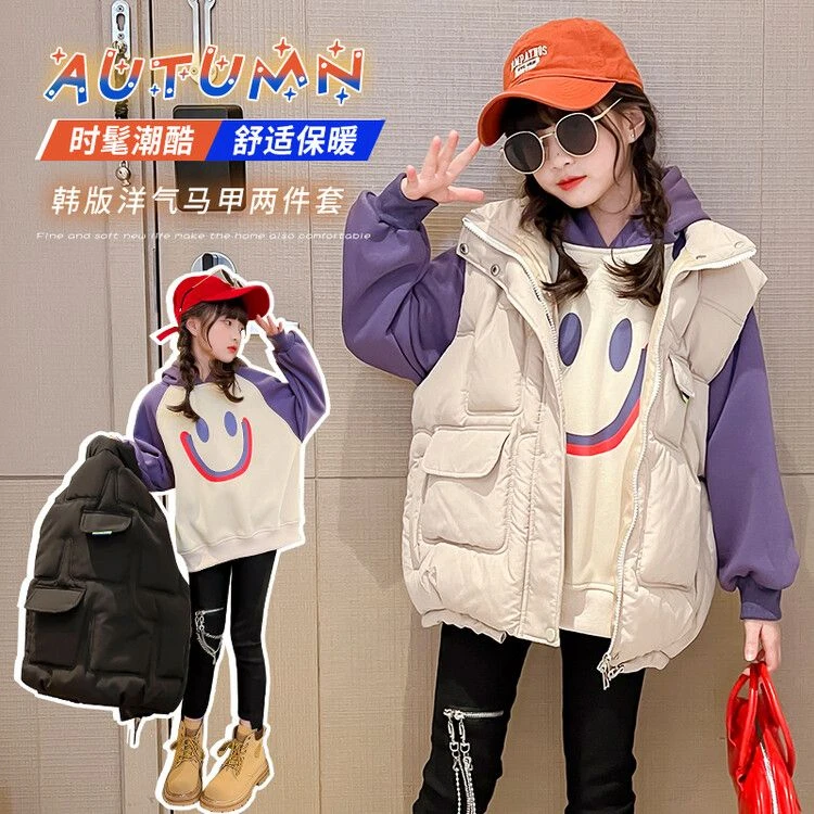 女童马甲秋冬装2023新款洋气中大童外穿儿童加厚羽绒马夹外连帽冬