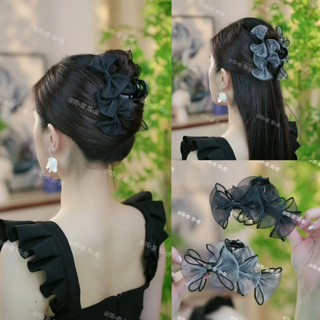 2024款超仙简约气质高级感轻奢黑色网纱蝴蝶结鲨鱼夹发夹发饰