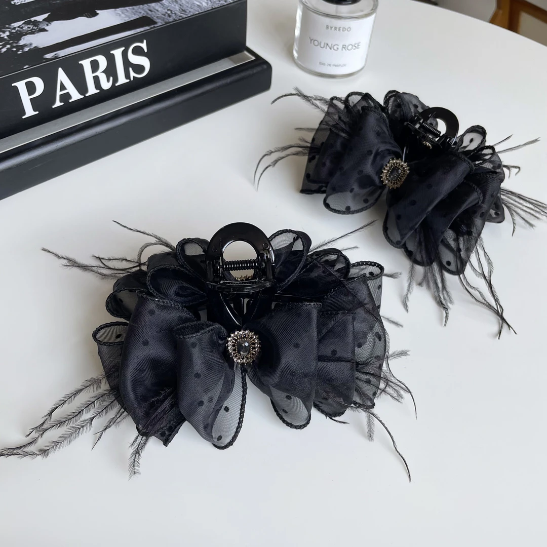 2024新款羽毛轻奢气质简约百搭实用高马尾发夹发夹网纱波点抓夹