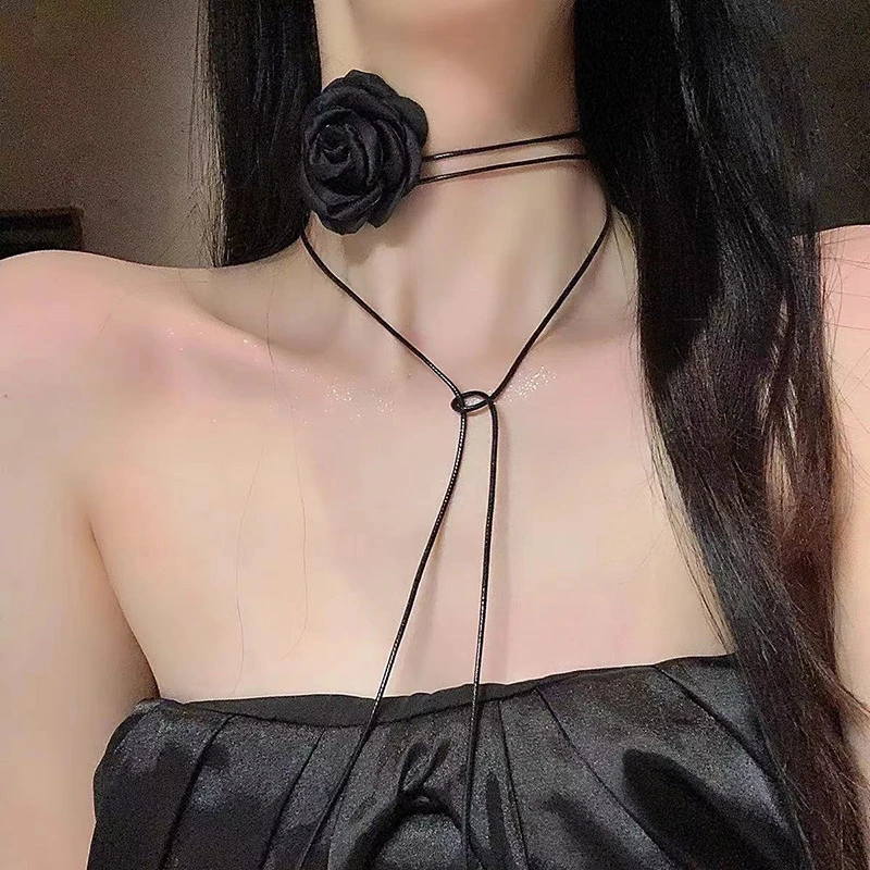 非金属布艺项链 性感黑色花朵长绳颈链系带情趣自拍道具锁骨链