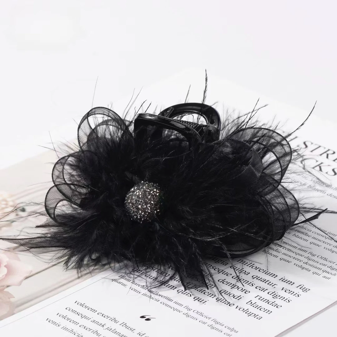 高级感气质轻奢时尚浪漫毛毛抓夹网纱抓夹头花发夹发饰