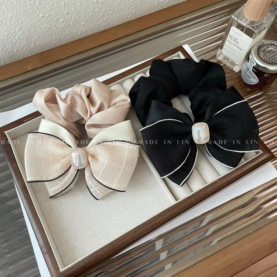 非金属布艺发饰 高弹力网纱蝴蝶结珍珠头绳气质皮筋发圈2023款