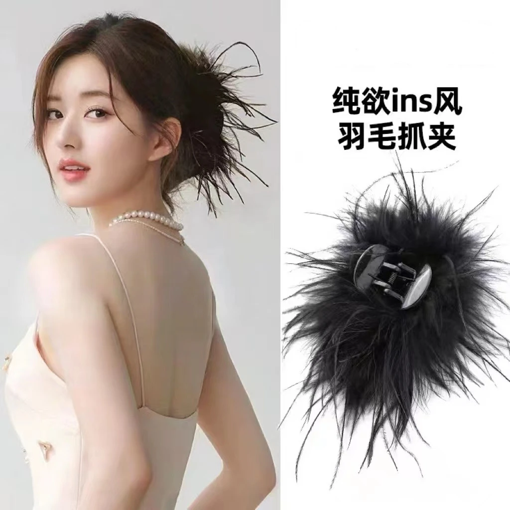 网红爆款超仙夹子头饰鲨鱼夹ins风羽毛抓夹高级感羽毛发夹鲨鱼夹