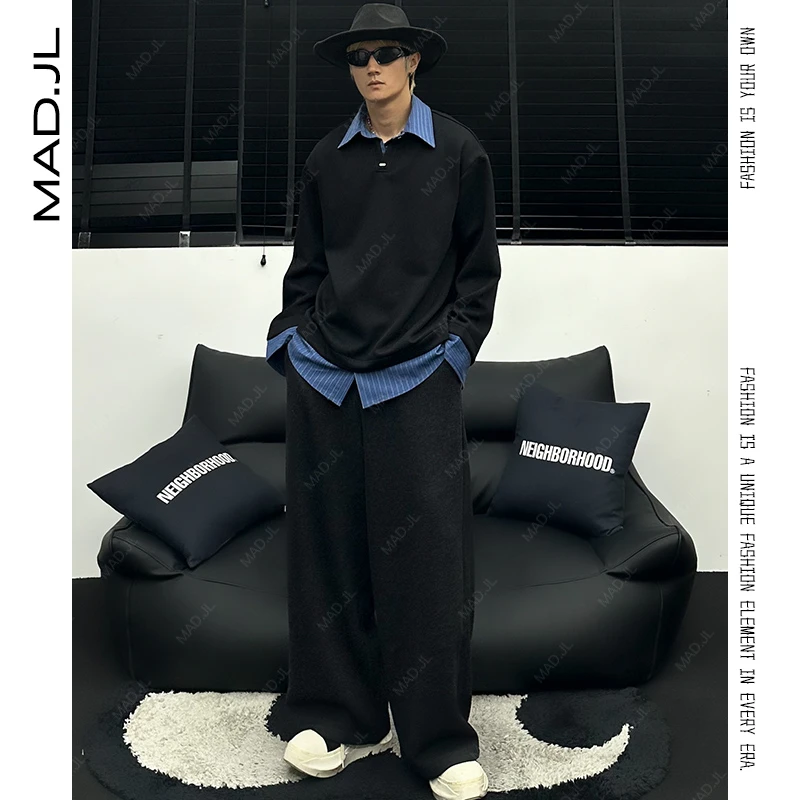 Mad时尚拼接撞色假两件衬衫领卫衣男春秋宽松休闲内搭打底衫上衣