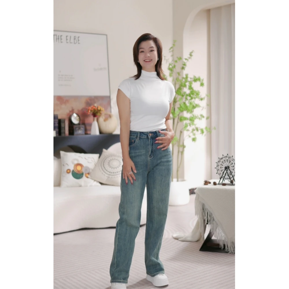 2024秋新款柏林蓝弹力窄版直筒女士宽松显瘦复古百搭水洗牛仔长裤