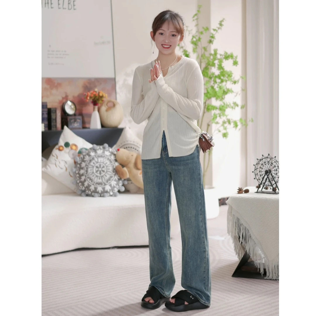 高腰窄版春季新款柏林蓝弹力窄版直筒女士宽松显瘦百搭牛仔长裤