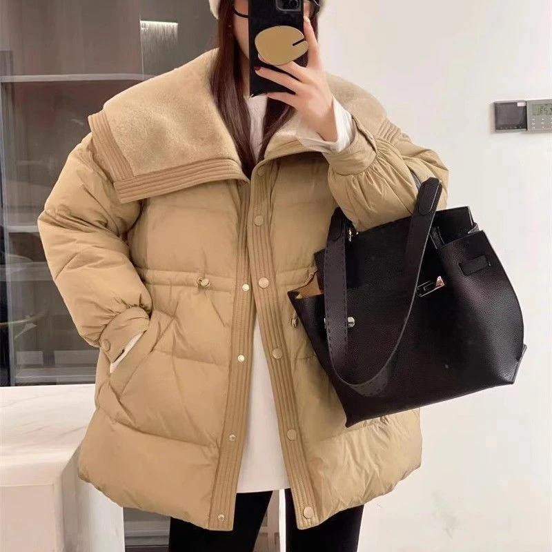 大翻领收腰显瘦中长款白服女2023新款韩版小个子加厚外套