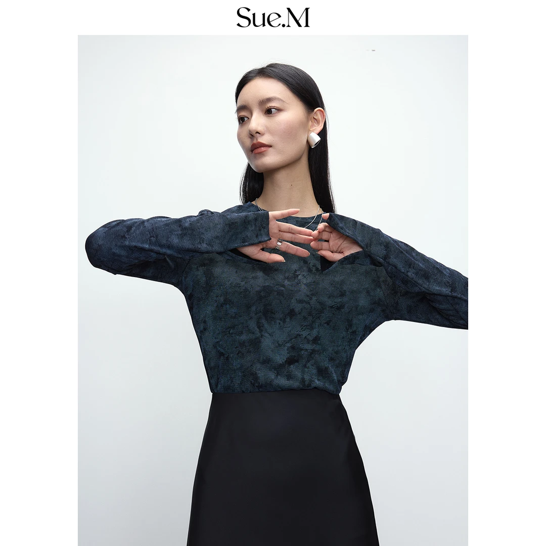 Sue.m醋酸水墨画女长袖透气冰丝凉感T女士气质上衣打底T恤新款