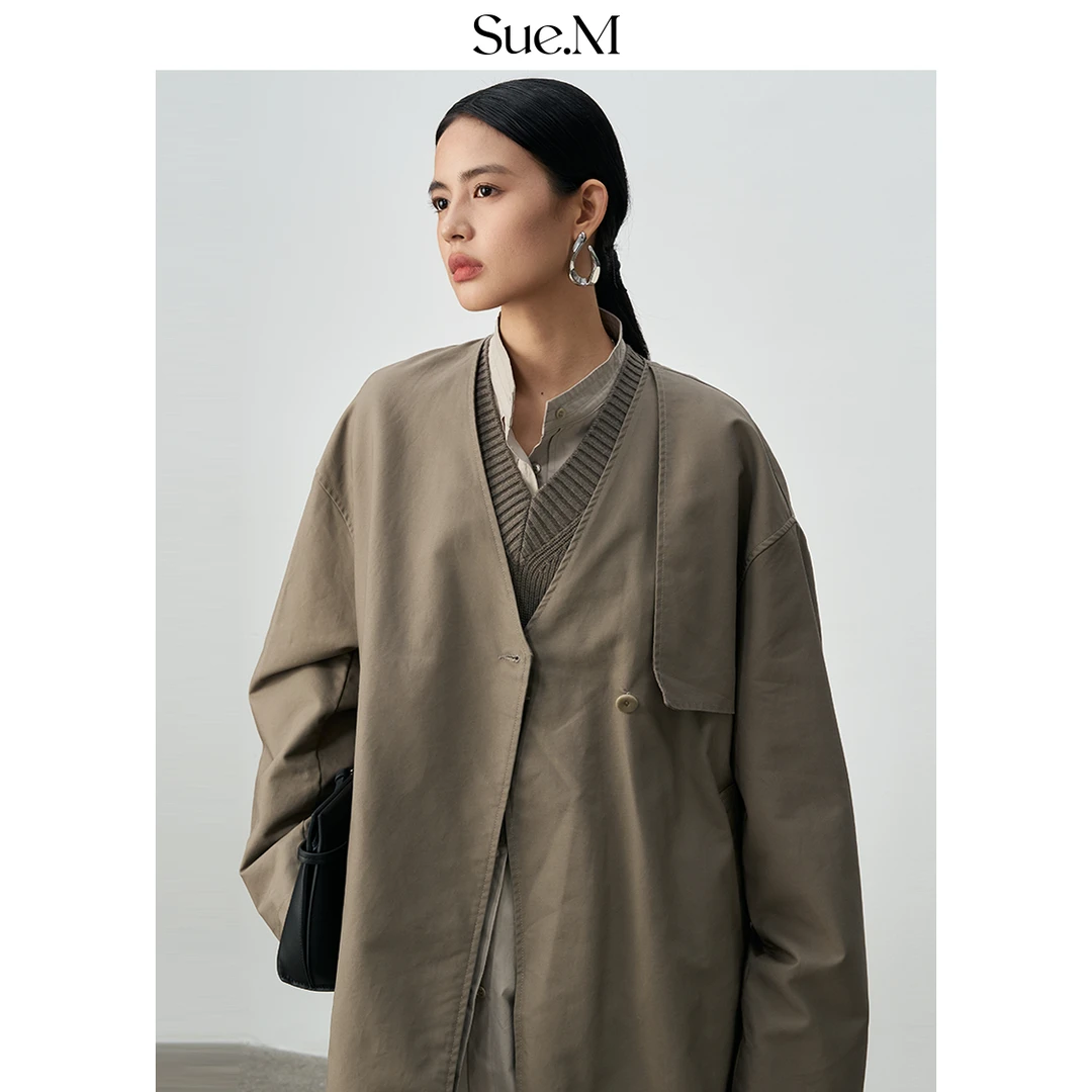 Sue.M 静奢风百慕大灰长绒棉风衣中长款高级感收腰显瘦