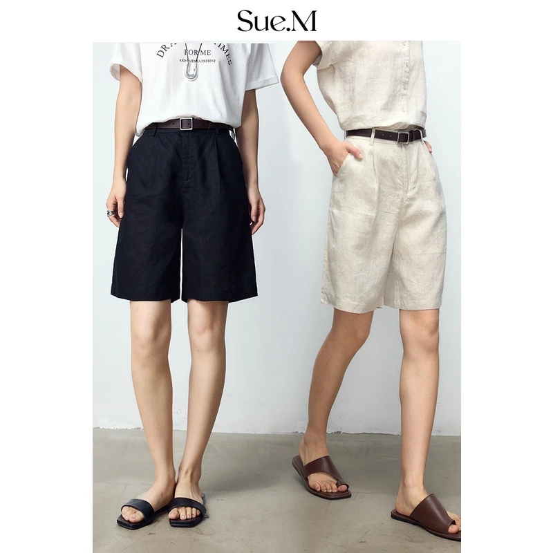 Sue.m100%进口亚麻短裤女显瘦裤子女慵懒松弛感新款夏季薄款裤子