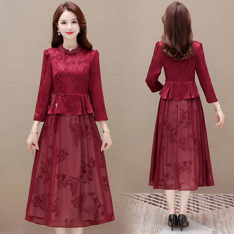 2023新款高端气质妈妈喜婆婆装婚宴秋季改良版中国风旗袍连衣裙子