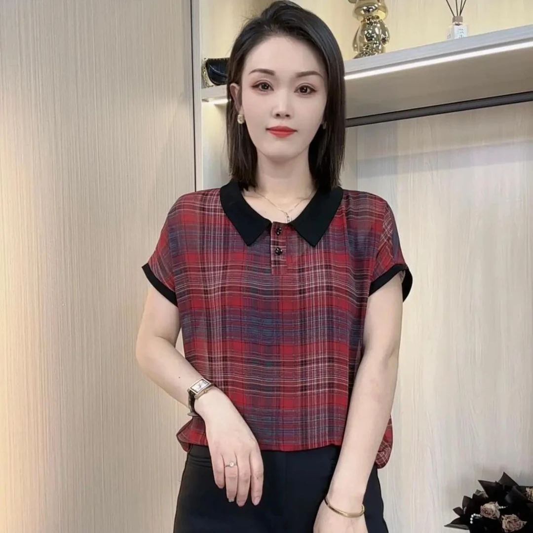 格子时尚洋气2024新款衬衫百搭短袖宽松显瘦上衣女薄款减龄衬衣